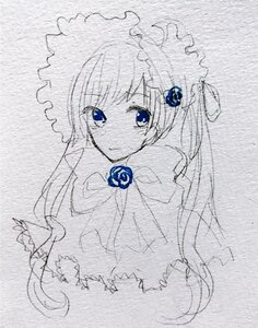 Rating: Safe Score: 0 Tags: 1girl blue_eyes blue_flower blue_rose blush dress flower frills image long_hair long_sleeves monochrome rose shinku simple_background solo spot_color traditional_media User: admin