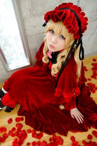 Rating: Safe Score: 0 Tags: 1girl blonde_hair blue_eyes bonnet breasts dress flower lips long_hair long_sleeves looking_at_viewer petals red_dress red_flower red_rose rose rose_petals shinku solo User: admin