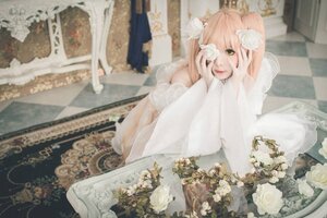 Rating: Safe Score: 0 Tags: 1girl bandages blurry bouquet checkered checkered_floor depth_of_field dress flower green_eyes kirakishou lace pink_hair rose sitting solo tiles veil wedding_dress white_dress white_flower white_rose User: admin