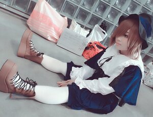 Rating: Safe Score: 0 Tags: 1girl boots brick_wall brown_hair cross-laced_footwear cup hair_over_one_eye hat long_sleeves pantyhose photo sitting solo souseiseki white_legwear User: admin