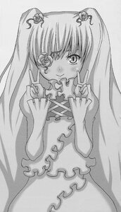 Rating: Safe Score: 0 Tags: 1girl blush double_v dress frills greyscale hair_ornament image kirakishou long_hair looking_at_viewer monochrome smile solo User: admin