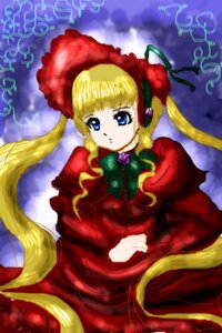 Rating: Safe Score: 0 Tags: 1girl blonde_hair blue_eyes bonnet bow bowtie dress flower green_bow image long_hair long_sleeves looking_at_viewer red_dress rose shinku sitting solo twintails very_long_hair User: admin