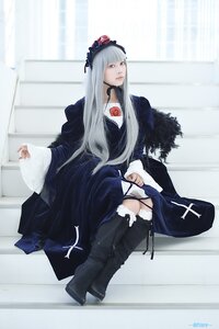 Rating: Safe Score: 0 Tags: 1girl black_legwear boots choker dress flower frills long_hair long_sleeves silver_hair sitting solo suigintou thigh_boots thighhighs very_long_hair User: admin