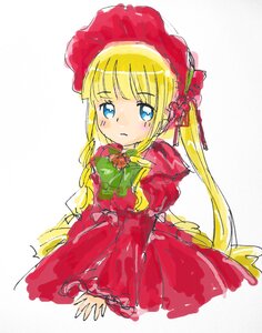 Rating: Safe Score: 0 Tags: 1girl bangs blonde_hair blue_eyes bonnet bow bowtie dress hat image long_hair long_sleeves looking_at_viewer red_dress shinku simple_background solo twintails white_background User: admin