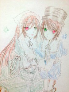 Rating: Safe Score: 0 Tags: 2girls brown_hair dress frills green_eyes hat head_scarf heterochromia image long_hair long_sleeves looking_at_viewer multiple_girls open_mouth pair red_eyes short_hair siblings sisters smile souseiseki suiseiseki top_hat traditional_media twins very_long_hair User: admin