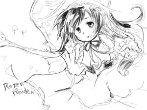 Rating: Safe Score: 0 Tags: 1girl dress frills greyscale hat image long_hair long_sleeves looking_at_viewer monochrome simple_background smile solo suiseiseki white_background User: admin