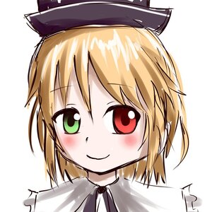 Rating: Safe Score: 0 Tags: 1girl bangs black_headwear blonde_hair blush closed_mouth eyebrows_visible_through_hair green_eyes hair_between_eyes hat image looking_at_viewer portrait red_eyes short_hair simple_background smile solo souseiseki striped white_background white_shirt User: admin