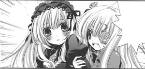 Rating: Safe Score: 0 Tags: 2girls barasuishou blush dress frills greyscale hairband image long_hair long_sleeves looking_at_viewer monochrome multiple_girls open_mouth pair shinku simple_background suigintou User: admin