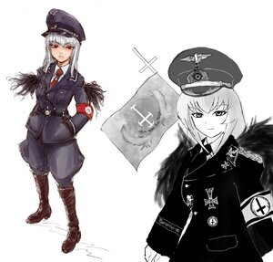 Rating: Safe Score: 0 Tags: 1girl bangs boots closed_mouth hat image iron_cross jacket long_hair long_sleeves looking_at_viewer military military_hat military_uniform necktie peaked_cap red_eyes solo standing suigintou swastika uniform User: admin