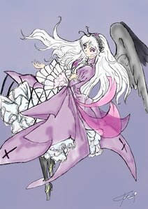 Rating: Safe Score: 0 Tags: 1girl dress flower frilled_sleeves frills full_body gradient gradient_background hairband image long_hair long_sleeves purple_background signature solo suigintou very_long_hair white_hair wings User: admin