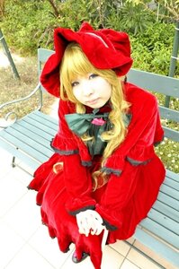 Rating: Safe Score: 0 Tags: 1girl blonde_hair blue_eyes bow dress long_hair long_sleeves looking_at_viewer outdoors red_dress shinku solo User: admin