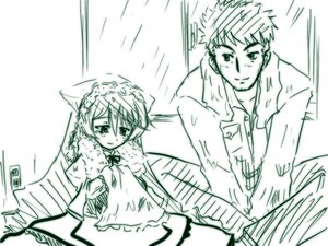 Rating: Safe Score: 0 Tags: 1boy 1girl blush fur_trim image long_sleeves monochrome short_hair sketch smile solo suiseiseki User: admin