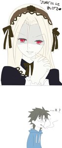 Rating: Safe Score: 0 Tags: 1boy 1girl bangs comic glasses hairband image long_hair long_sleeves red_eyes ribbon smile solo striped suigintou white_background User: admin