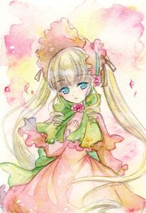 Rating: Safe Score: 0 Tags: 1girl blonde_hair blue_eyes bonnet bow bowtie dress flower frills image long_hair long_sleeves looking_at_viewer petals pink_flower pink_rose rose shinku solo standing traditional_media twintails very_long_hair watercolor_(medium) User: admin