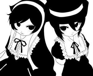 Rating: Safe Score: 0 Tags: 2girls blush dress frills gothic_lolita greyscale hairband hat image lolita_fashion looking_at_viewer monochrome multiple_girls neck_ribbon pair ribbon short_hair simple_background sisters souseiseki suiseiseki top_hat User: admin