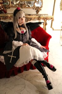 Rating: Safe Score: 0 Tags: 1girl blonde_hair boots dress flower long_hair rose silver_hair sitting solo suigintou wings User: admin