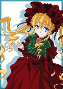 Rating: Safe Score: 0 Tags: 1girl artist_request blonde_hair blue_border blue_eyes bonnet border bow bowtie cowboy_shot dress flower frills green_bow green_neckwear image long_hair long_sleeves looking_at_viewer photoshop_(medium) pink_flower pink_rose red_dress rose rozen_maiden shadow shinku smile solo twintails white_background User: admin
