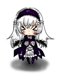 Rating: Safe Score: 0 Tags: 1girl black_wings blush chibi closed_eyes dress flower frills full_body hairband image long_hair long_sleeves rose silver_hair simple_background solo standing suigintou white_background wings User: admin