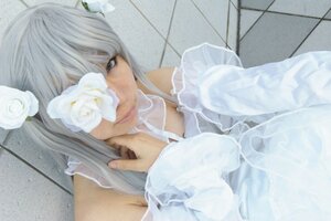 Rating: Safe Score: 0 Tags: 1girl 3d bangs dress flower hair_ornament kirakishou lips long_hair realistic rose solo tile_wall tiles white_flower white_hair white_rose User: admin