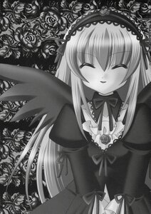 Rating: Safe Score: 3 Tags: 1girl closed_eyes dress flower greyscale hairband image long_hair long_sleeves monochrome ribbon rose smile solo suigintou traditional_media upper_body wings User: admin