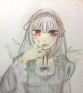 Rating: Safe Score: 0 Tags: 1girl bangs closed_mouth frills gothic_lolita image lolita_fashion long_hair long_sleeves looking_at_viewer red_eyes smile solo suigintou tongue tongue_out traditional_media upper_body User: admin