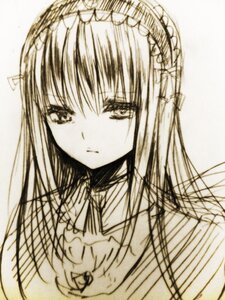 Rating: Safe Score: 0 Tags: 1girl bangs closed_mouth hairband image long_hair looking_at_viewer monochrome ribbon simple_background sketch solo suigintou traditional_media upper_body white_background User: admin