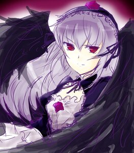 Rating: Safe Score: 0 Tags: 1girl black_wings dress feathered_wings flower frills hairband image long_hair long_sleeves looking_at_viewer red_eyes rose silver_hair solo suigintou wings User: admin