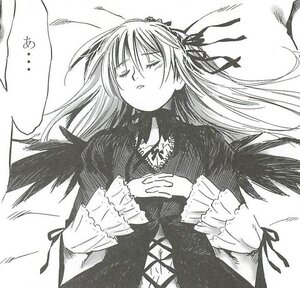 Rating: Safe Score: 0 Tags: 1girl closed_eyes dress frills greyscale image long_hair long_sleeves lying monochrome on_back ribbon simple_background sleeping solo suigintou traditional_media upper_body wings User: admin