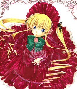 Rating: Safe Score: 0 Tags: 1girl blonde_hair blue_eyes bonnet bow bowtie dress drill_hair flower frills green_bow green_neckwear hat image long_hair long_sleeves looking_at_viewer red_dress rose shinku solo twintails User: admin