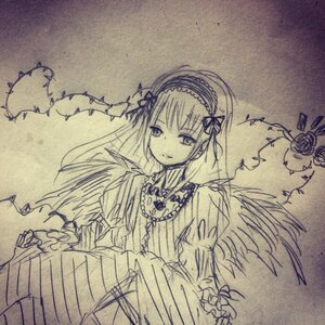 Rating: Safe Score: 0 Tags: 1girl dress flower frills hairband image long_hair long_sleeves looking_at_viewer monochrome rose smile solo suigintou wings User: admin