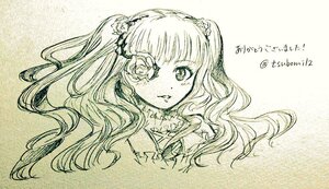 Rating: Safe Score: 0 Tags: 1girl dated flower hair_flower hair_ornament image kirakishou long_hair looking_at_viewer monochrome one_eye_closed smile solo traditional_media two_side_up User: admin