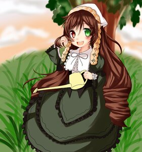 Rating: Safe Score: 0 Tags: 1girl :d brown_hair dress frills grass green_dress green_eyes hat head_scarf heterochromia image long_hair long_sleeves open_mouth outdoors red_eyes smile solo suiseiseki very_long_hair watering_can User: admin