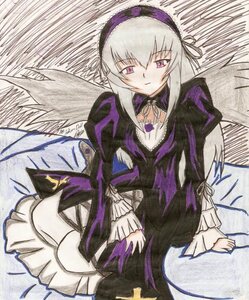 Rating: Safe Score: 0 Tags: 1girl black_wings detached_collar dress frills image long_hair long_sleeves looking_at_viewer pink_eyes ribbon rose silver_hair sitting solo suigintou very_long_hair white_background wings User: admin