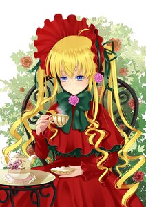 Rating: Safe Score: 0 Tags: 1girl blonde_hair blue_eyes bonnet bow bowtie commentary_request cup dress flower food green_bow green_ribbon hat highres holding image kotetu_han lolita_fashion long_hair long_sleeves looking_at_viewer photoshop_(medium) pink_flower pink_rose red_capelet red_dress red_flower red_headwear red_rose ribbon rose rozen_maiden saucer shinku sitting solo tea teacup twintails very_long_hair User: admin