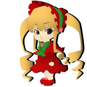 Rating: Safe Score: 0 Tags: 1girl blonde_hair blue_eyes bonnet bow chibi dress full_body image long_hair long_sleeves looking_at_viewer red_dress shinku simple_background solo standing white_background User: admin