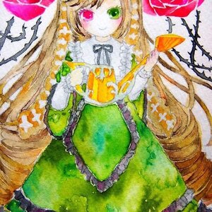 Rating: Safe Score: 0 Tags: 1girl black_ribbon brown_hair dress drill_hair frills green_dress green_eyes heterochromia holding image long_hair long_sleeves looking_at_viewer red_eyes smile solo suiseiseki traditional_media twin_drills very_long_hair watercolor_(medium) User: admin