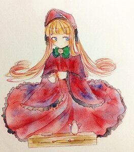 Rating: Safe Score: 0 Tags: 1girl bangs blonde_hair blue_eyes bonnet bow bowtie capelet cup dress flower frills green_bow image long_hair long_sleeves looking_at_viewer red_capelet red_dress rose shinku solo teacup traditional_media very_long_hair User: admin