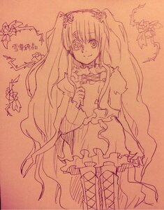 Rating: Safe Score: 0 Tags: 1girl boots detached_sleeves dress flower frills hair_ornament hatsune_miku image kirakishou long_hair monochrome plant smile solo thigh_boots thighhighs traditional_media twintails very_long_hair vines User: admin