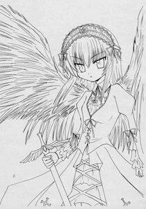 Rating: Safe Score: 0 Tags: 1girl dress feathered_wings frills greyscale hairband holding holding_weapon image long_hair long_sleeves looking_at_viewer monochrome ribbon simple_background solo suigintou traditional_media very_long_hair weapon wings User: admin