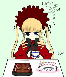 Rating: Safe Score: 0 Tags: 1girl blonde_hair blue_eyes bonnet bow bowtie cake cup flower food image long_hair long_sleeves looking_at_viewer saucer shinku sidelocks simple_background solo table tea teacup twintails User: admin
