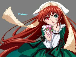 Rating: Safe Score: 0 Tags: 1girl dress flower frills green_background green_dress green_eyes hat heterochromia holding image long_hair long_sleeves looking_at_viewer red_eyes ribbon rose simple_background solo suiseiseki very_long_hair User: admin