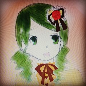 Rating: Safe Score: 0 Tags: 1girl :d bow flower green_eyes green_hair hair_ornament image kanaria looking_at_viewer open_mouth portrait ribbon rose short_hair smile solo traditional_media User: admin