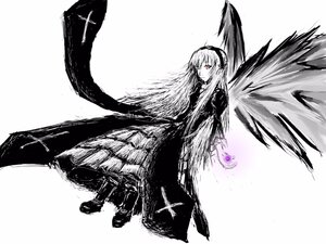 Rating: Safe Score: 0 Tags: 1girl black_wings boots closed_mouth dress feathered_wings feathers full_body hairband image long_hair long_sleeves looking_at_viewer monochrome red_eyes solo suigintou white_background wings User: admin