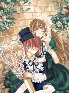 Rating: Safe Score: 0 Tags: 2girls brown_hair dress flower frills green_dress hat heterochromia image long_hair long_sleeves multiple_girls pair red_eyes rose scissors short_hair siblings sisters souseiseki suiseiseki twins very_long_hair User: admin