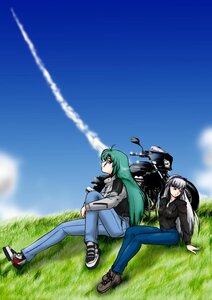 Rating: Safe Score: 0 Tags: 2girls crossed_legs day denim grass green_hair image jacket jeans long_hair multiple_girls pants red_eyes shoes sitting sky solo suigintou User: admin