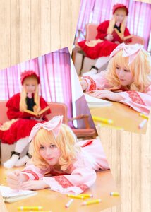 Rating: Safe Score: 0 Tags: 1girl blonde_hair blurry blurry_background blurry_foreground book chair closed_eyes curtains depth_of_field dress hat indoors lying motion_blur multiple_cosplay photo short_hair sitting tagme User: admin