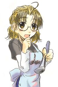 Rating: Safe Score: 0 Tags: 1girl :d apron blonde_hair blush brown_eyes brown_hair glasses holding human long_sleeves looking_at_viewer open_mouth sakurada_nori shirt simple_background smile solo white_background User: admin