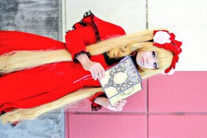 Rating: Safe Score: 0 Tags: 1girl blonde_hair blue_eyes dress flower holding long_hair looking_at_viewer red_dress shinku solo standing very_long_hair User: admin