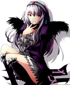 Rating: Safe Score: 0 Tags: 1girl black_wings boots commentary_request dress flower frilled_sleeves frills hairband hayabusa_aoi image knee_boots long_hair long_sleeves looking_at_viewer pink_eyes purple_flower purple_rose red_eyes rose rozen_maiden silver_hair sitting smile solo suigintou white_background white_hair wings User: admin