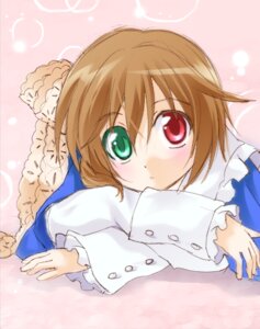 Rating: Safe Score: 0 Tags: 1girl bangs blue_dress blush brown_hair dress frills green_eyes heterochromia image long_sleeves looking_at_viewer lying red_eyes short_hair solo souseiseki striped_background upper_body User: admin